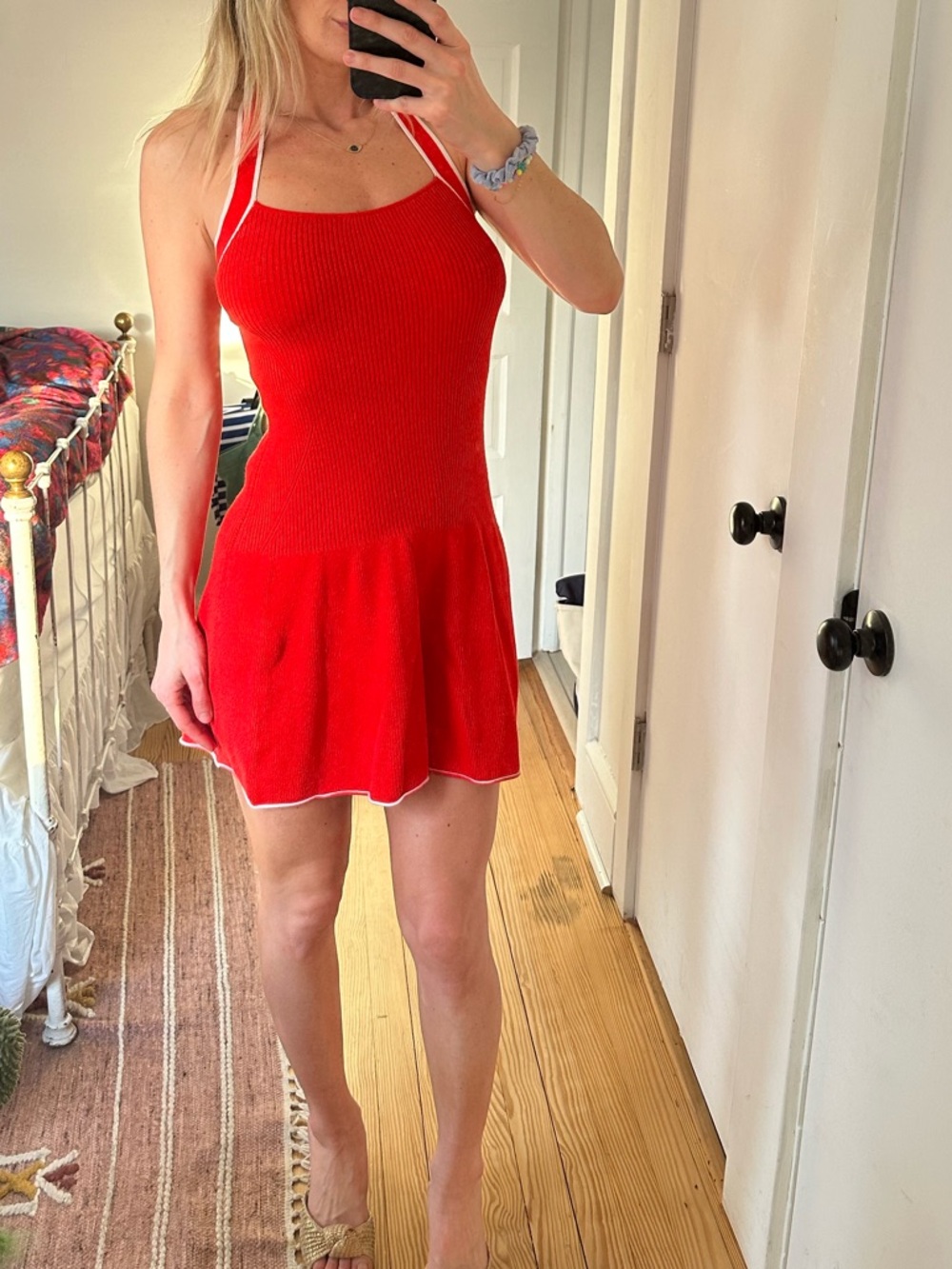 Red Halter Knit Mini Dress with Flared Skirt